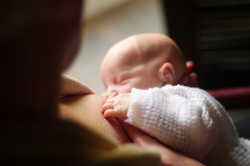 Un recién nacido está siendo amamantado; la luz cálida de la ventana ilumina a la madre y al bebé.